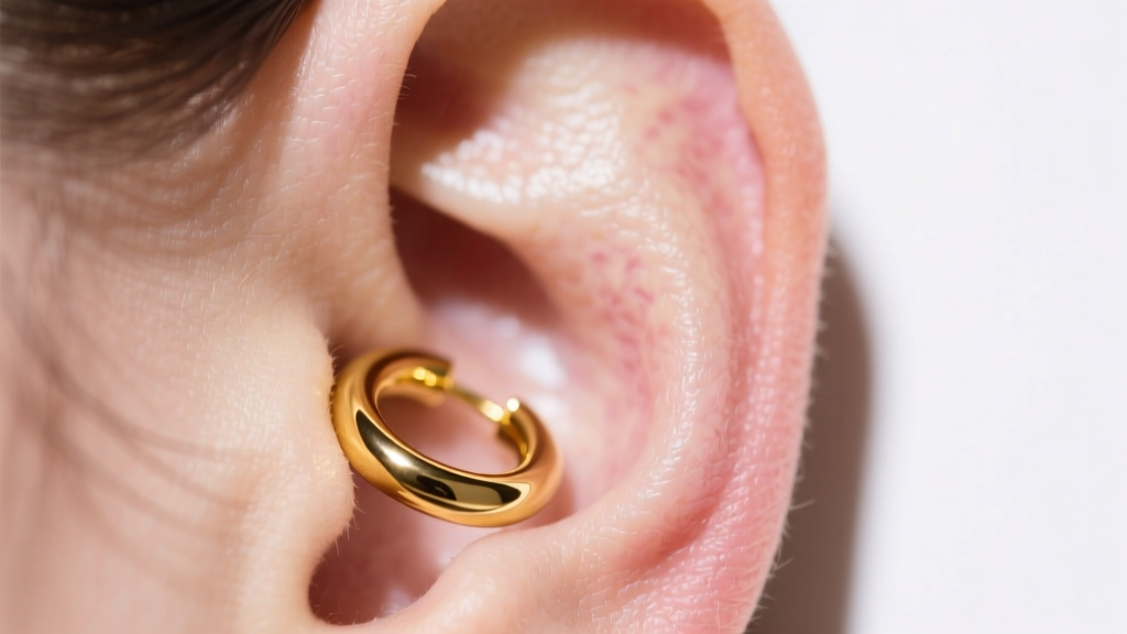 Macro shot of a 16-gauge solid 14k yellow gold continuous hoop earring inserted into a healed earlobe, bright studio lighting