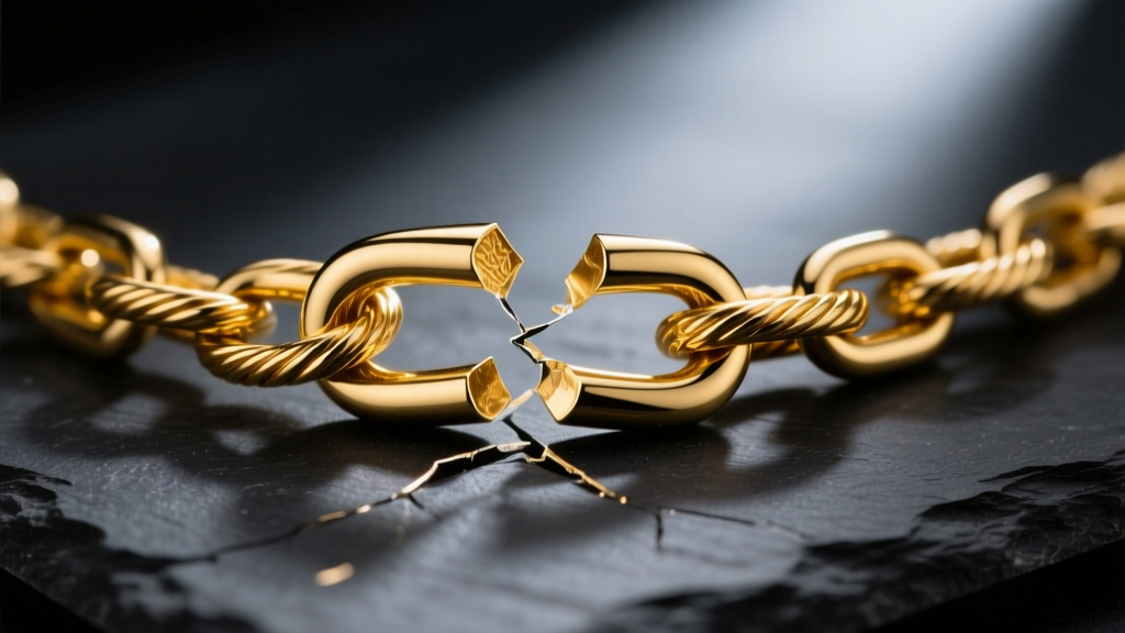 Macro shot of a broken 14k yellow gold cable chain link showing a clean snap, resting on dark slate under moody studio lighting.