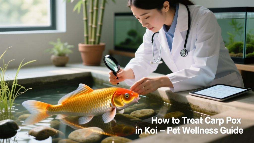 Aquatic veterinarian gently examining a koi’s dorsal fin during routine health check