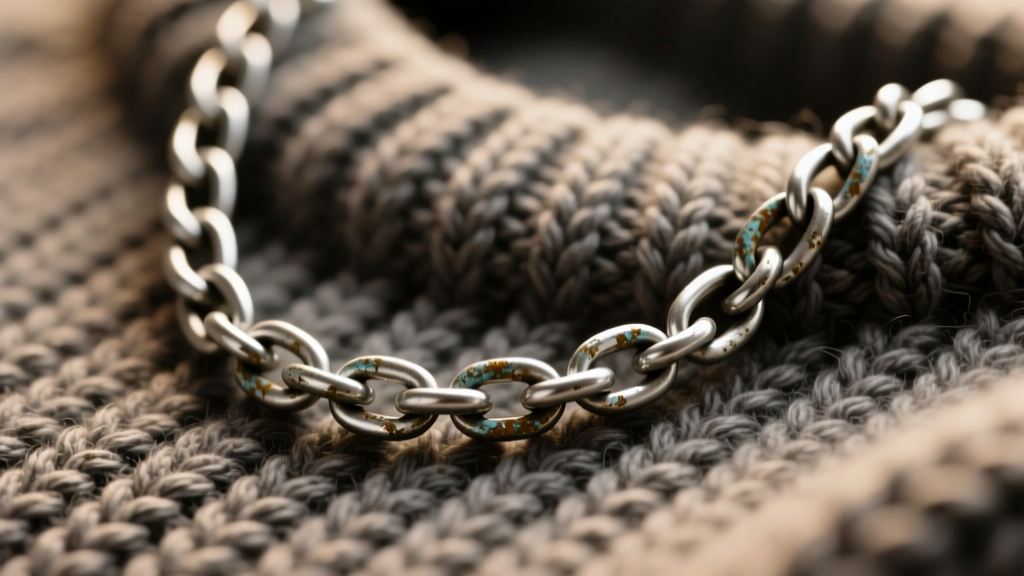 Close up of a 4mm oxidized silver rope chain resting on a thick charcoal cable-knit merino wool sweater under soft studio lighting