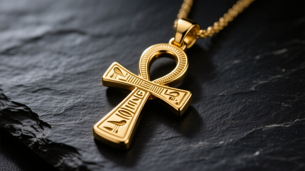 Close-up of a solid 14k gold Egyptian ankh pendant on dark slate, soft lighting highlighting detailed hieroglyphic engravings.