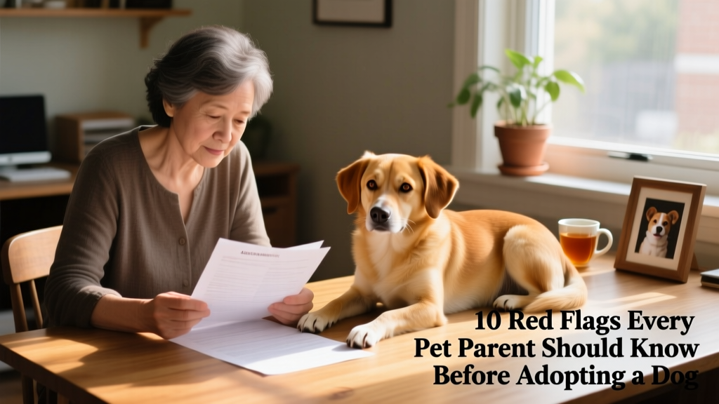 A thoughtful person reviewing adoption paperwork with a calm, friendly dog sitting beside them