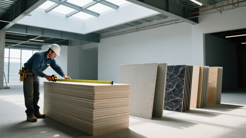 Contractor measuring 5/8-inch fire-rated Type X gypsum board stacked next to cement board and fiber panels on a commercial site