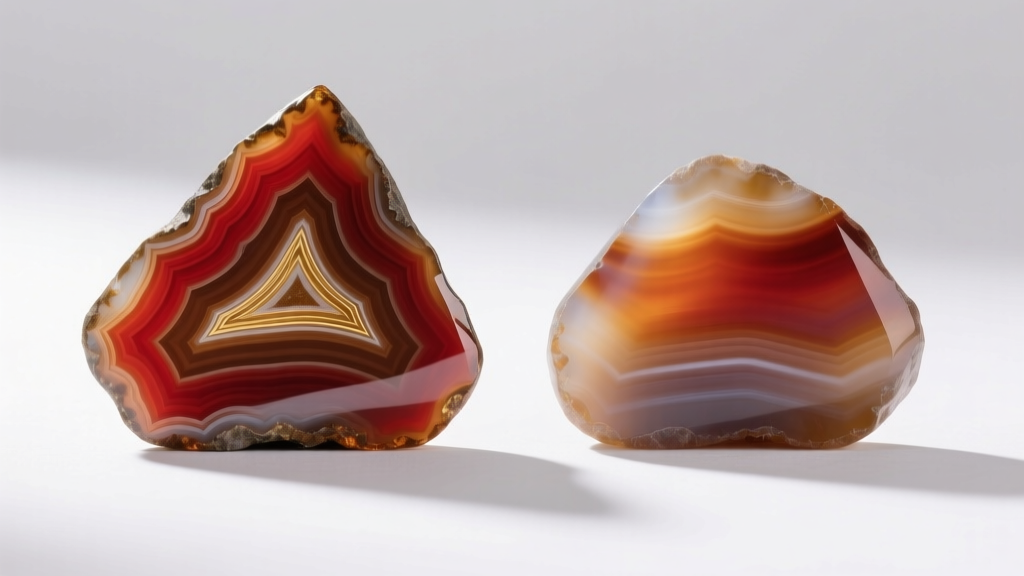 Comparison of genuine Fairburn agate with sharp banding next to a dyed Brazilian agate imitation with blurry unnatural color lines