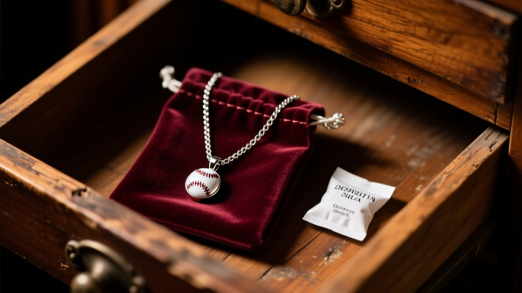 A baseball pendant necklace resting inside a dark velvet anti-tarnish pouch next to a silica packet in a dimly lit wooden drawer.