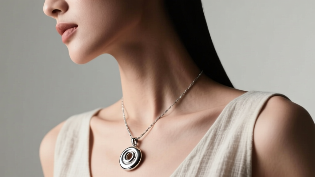 Side profile of a woman wearing a heavy silver pendant on a thin chain, showing how weight pulls the necklace lower on the chest.