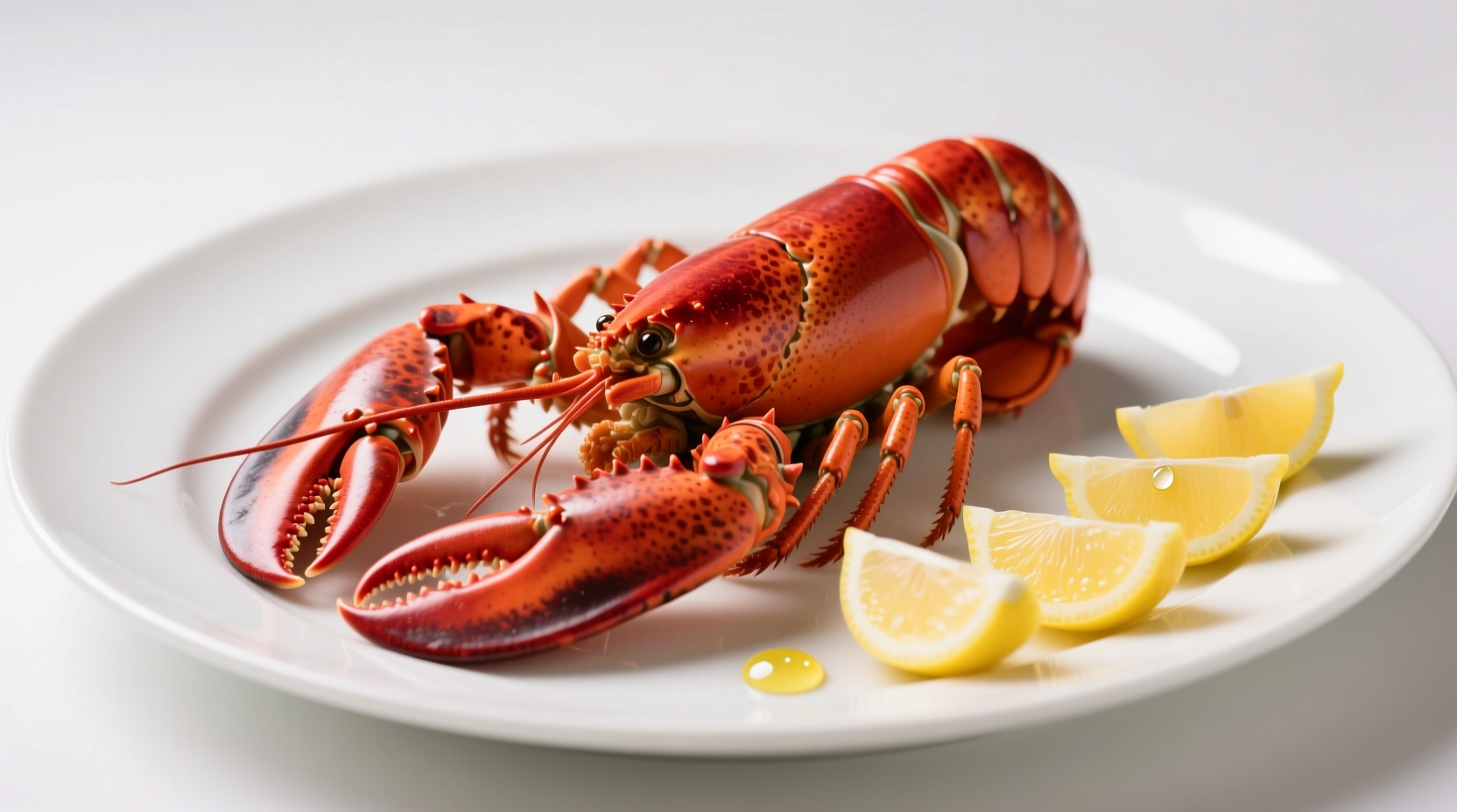 Perfectly cooked whole lobster on serving platter with lemon wedges