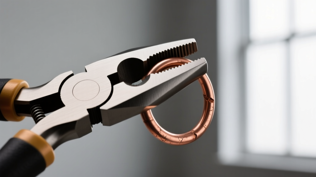 Nylon pliers gripping a warped 16-gauge copper jump ring, highlighting the smooth tool surface against the soft metal in close-up.