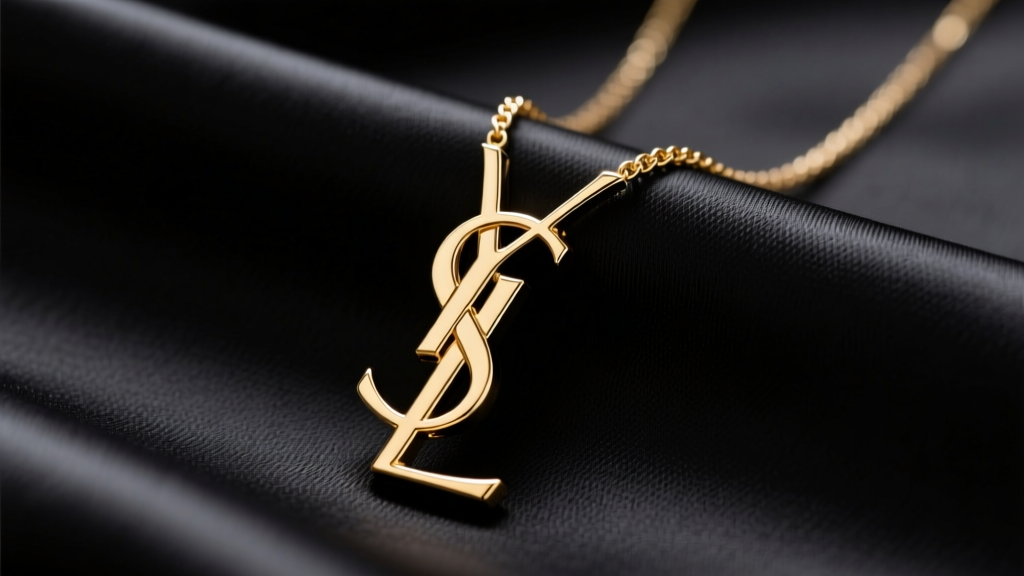 Gold-tone YSL Cassandre pendant necklace resting on black silk, highlighting the interlocking letters and bright metallic sheen