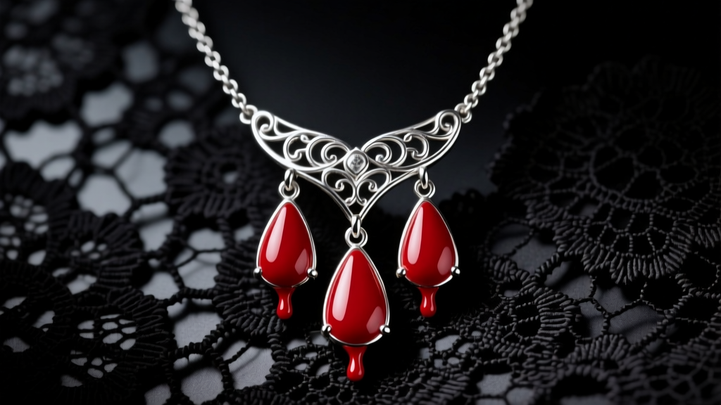 Macro shot of a silver dripping blood necklace with red enamel drops on dark lace under moody studio lighting