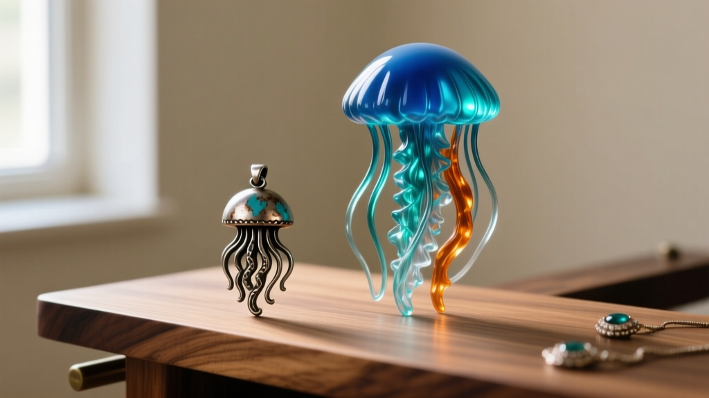 Zinc alloy jellyfish pendant with faded paint next to a high-quality UV resin piece with crisp tentacles on a wooden jeweler bench.