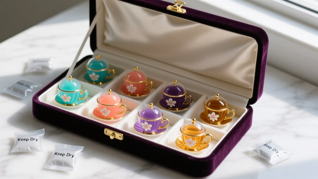 Open velvet jewelry box with individual compartments holding colorful resin teacup earrings and small silica gel packets