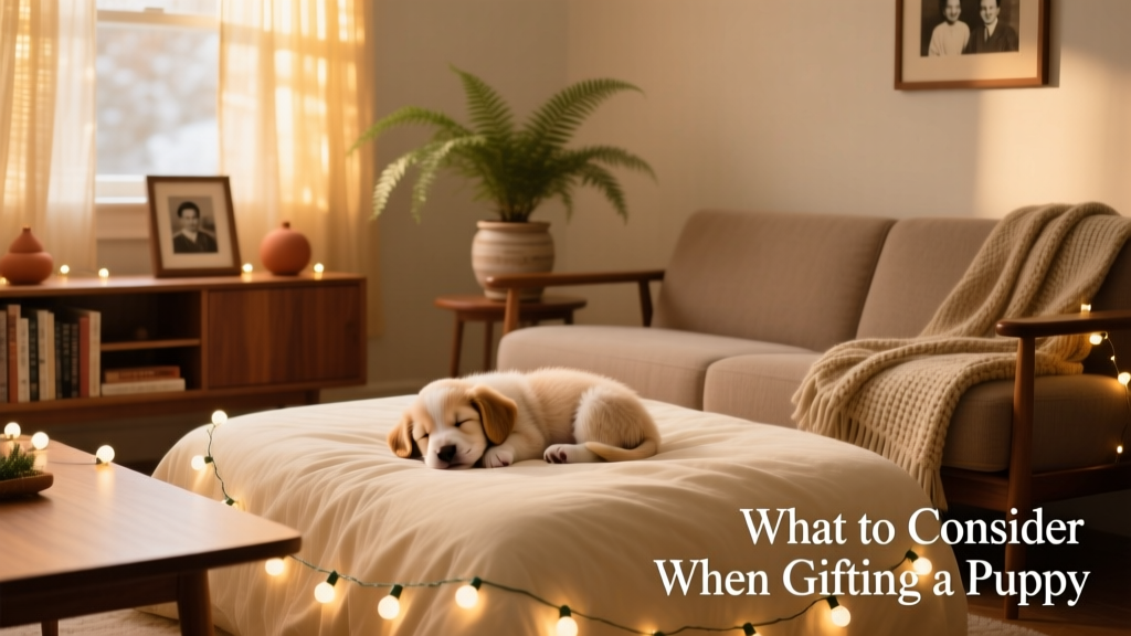 A serene living room with a new puppy sleeping peacefully on a soft bed, surrounded by gentle holiday lights—not a chaotic scene