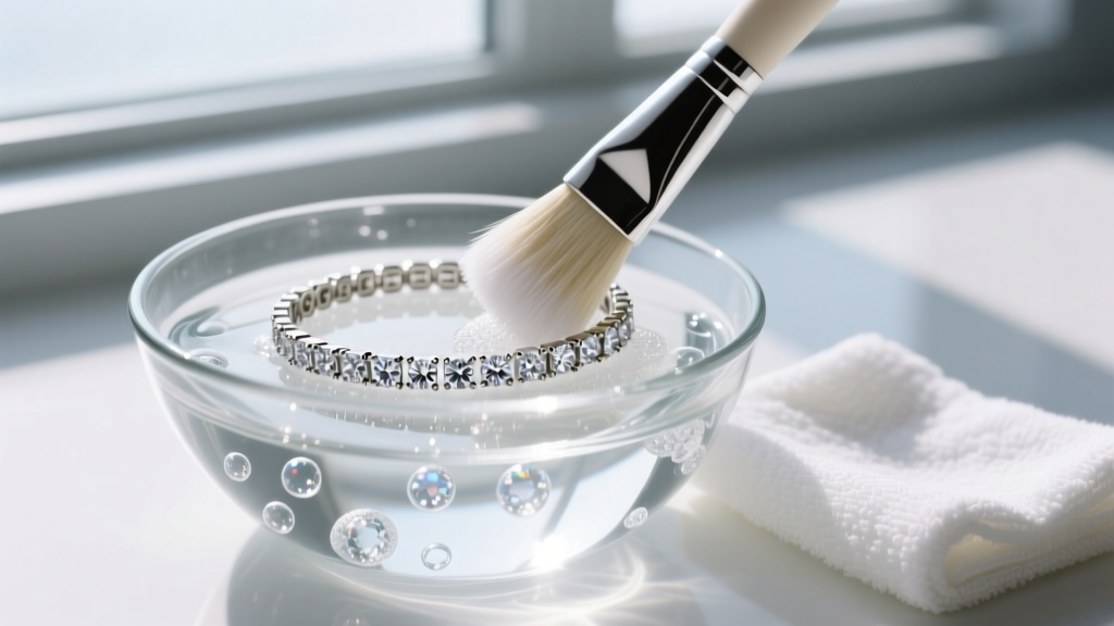 Soft-bristled brush cleaning a diamond tennis bracelet in a glass bowl of soapy water, with a microfiber cloth nearby