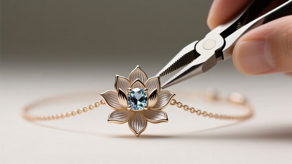 Loose bezel setting on a floral lotus necklace center stone, with specialized pliers positioned to carefully tighten the metal.