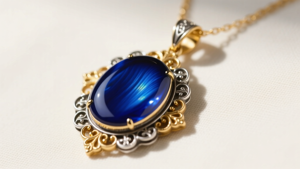 Close-up of a vintage Betty Cooke vitreous enamel and 18k gold pendant necklace showing rich cobalt blue fired glass over silver