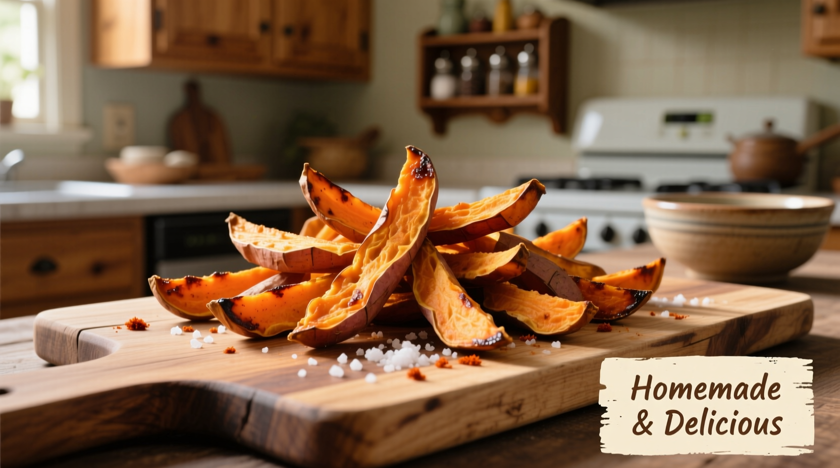Homemade baked sweet potato fries on wooden cutting board