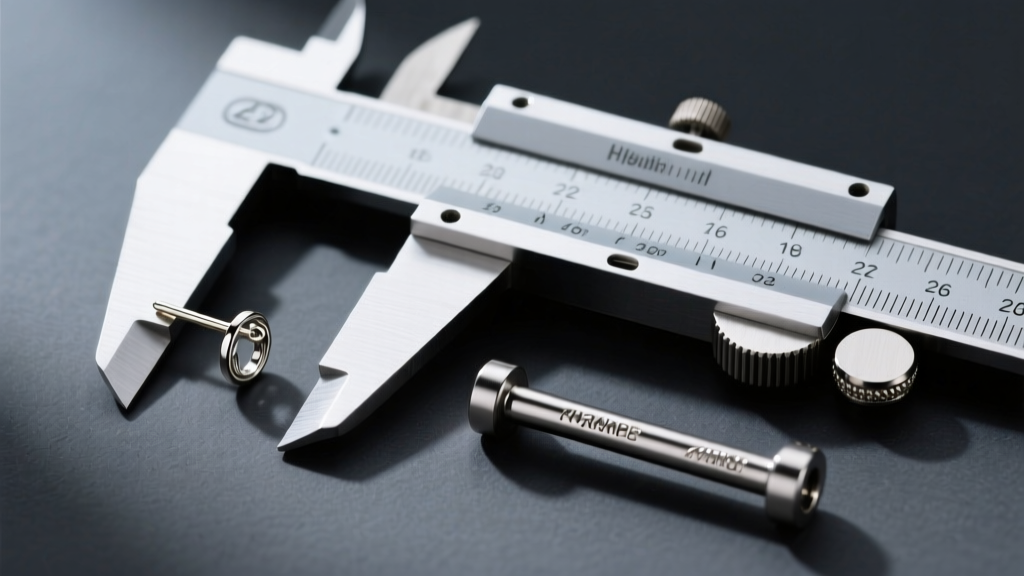 Digital caliper measuring a thin 22-gauge fashion earring post beside a 16-gauge titanium barbell on a dark slate background