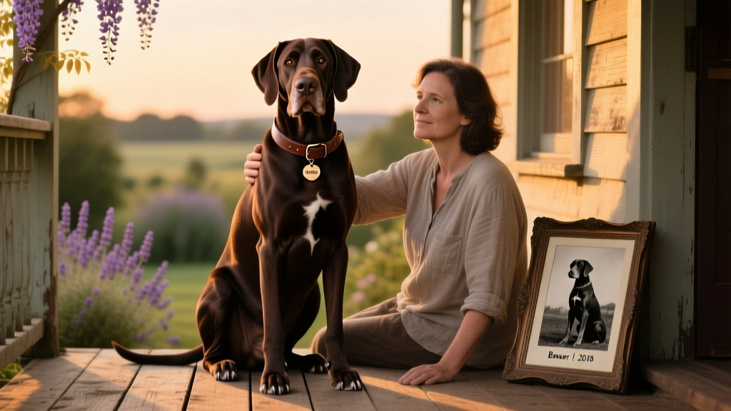 A mature Chocolate Great Dane sitting attentively beside its owner on a porch at sunset
