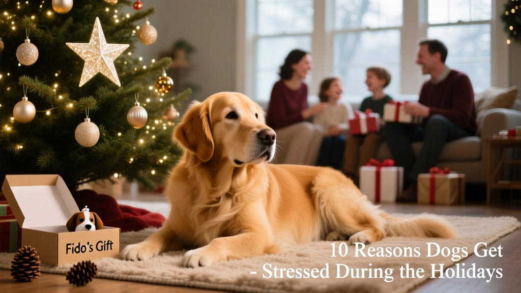 A golden retriever calmly resting beside a decorated Christmas tree while family members are visible in soft focus in the background