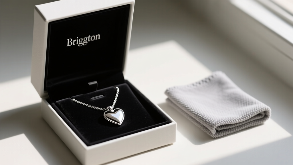 Open gift box revealing a Brighton silver-plated heart necklace resting on black velvet beside a folded microfiber polishing cloth