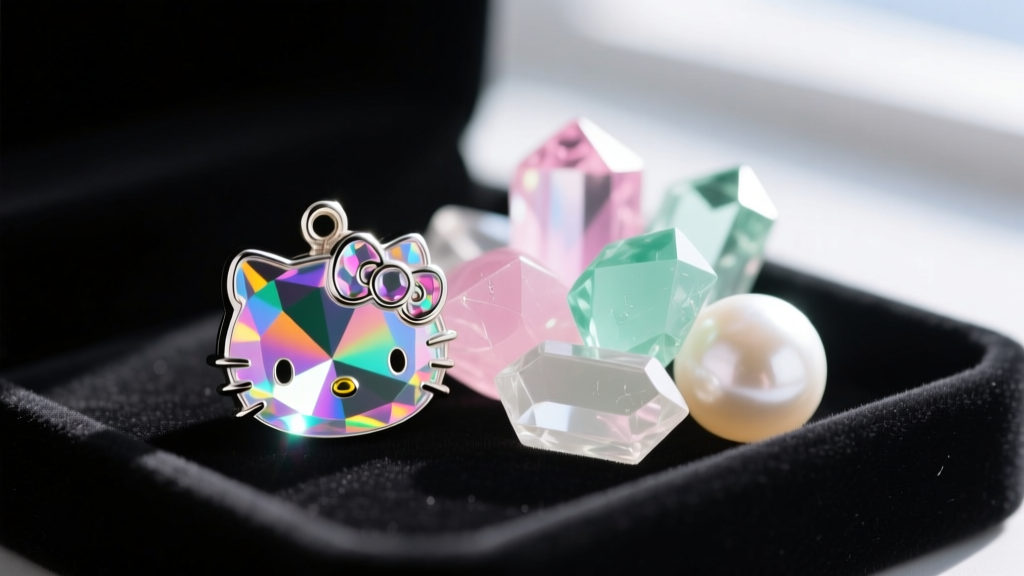 Macro view of a glass rhinestone Hello Kitty charm beside acrylic stones, showing light refraction on a dark velvet display tray.