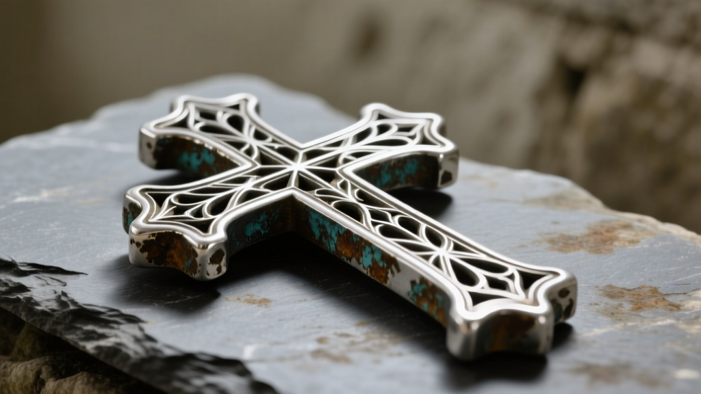 Tarnished chunky sterling silver cross on slate, showing dark oxidation trapped inside intricate gothic filigree details