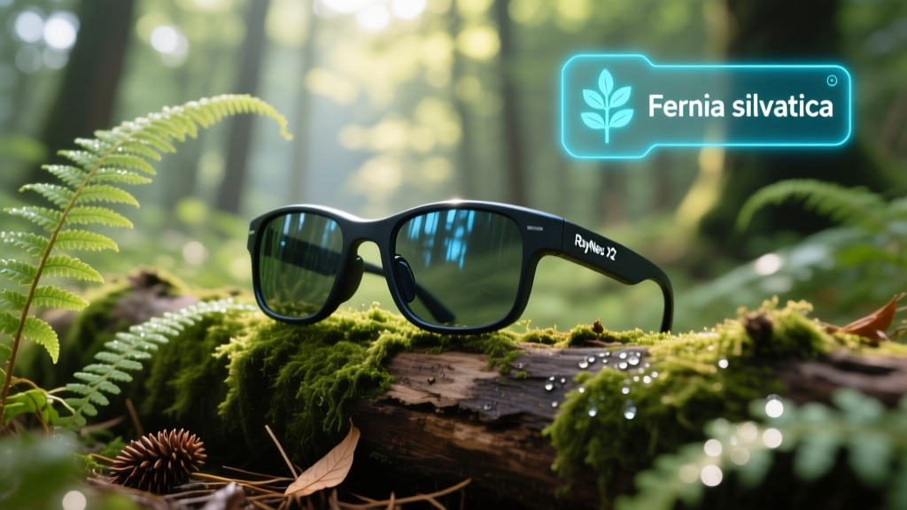 RayNeo X2 smart glasses resting on a mossy log, displaying a digital flora identification tag next to a wild fern outdoors.