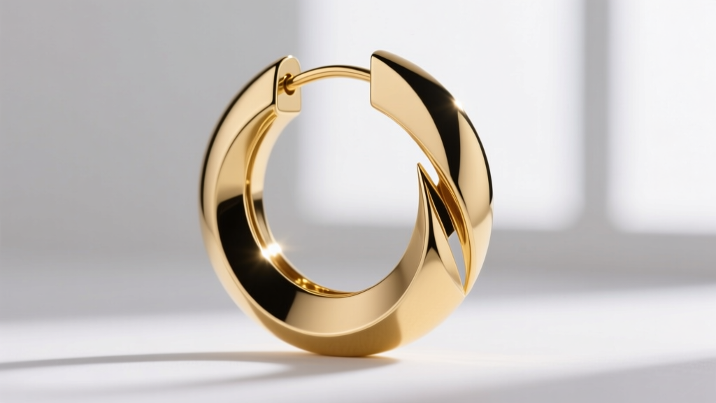Close-up of an 18k gold slashed hoop earring with a sharp diagonal cut, studio lighting highlighting the polished angular edge.