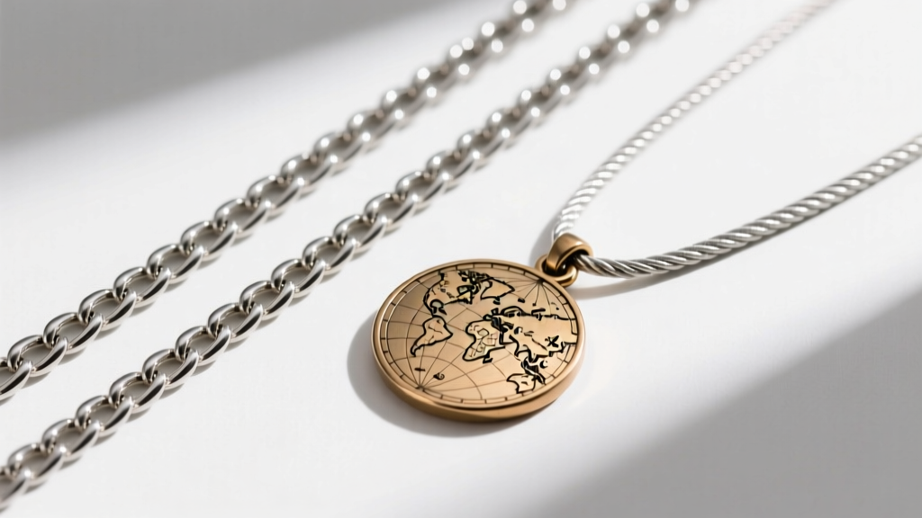 Flat lay of a 1.5mm stainless steel box chain and 1.2mm sterling silver cable chain resting next to a detailed brass map pendant.