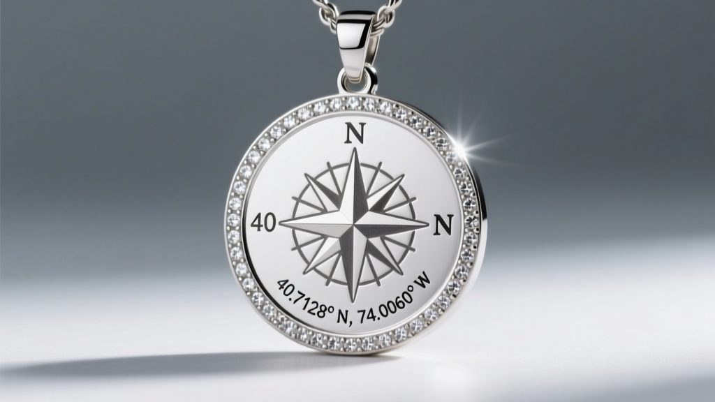 Macro shot of a 316L stainless steel coordinate pendant with micro-pave zirconia accents, highlighting laser engraving details