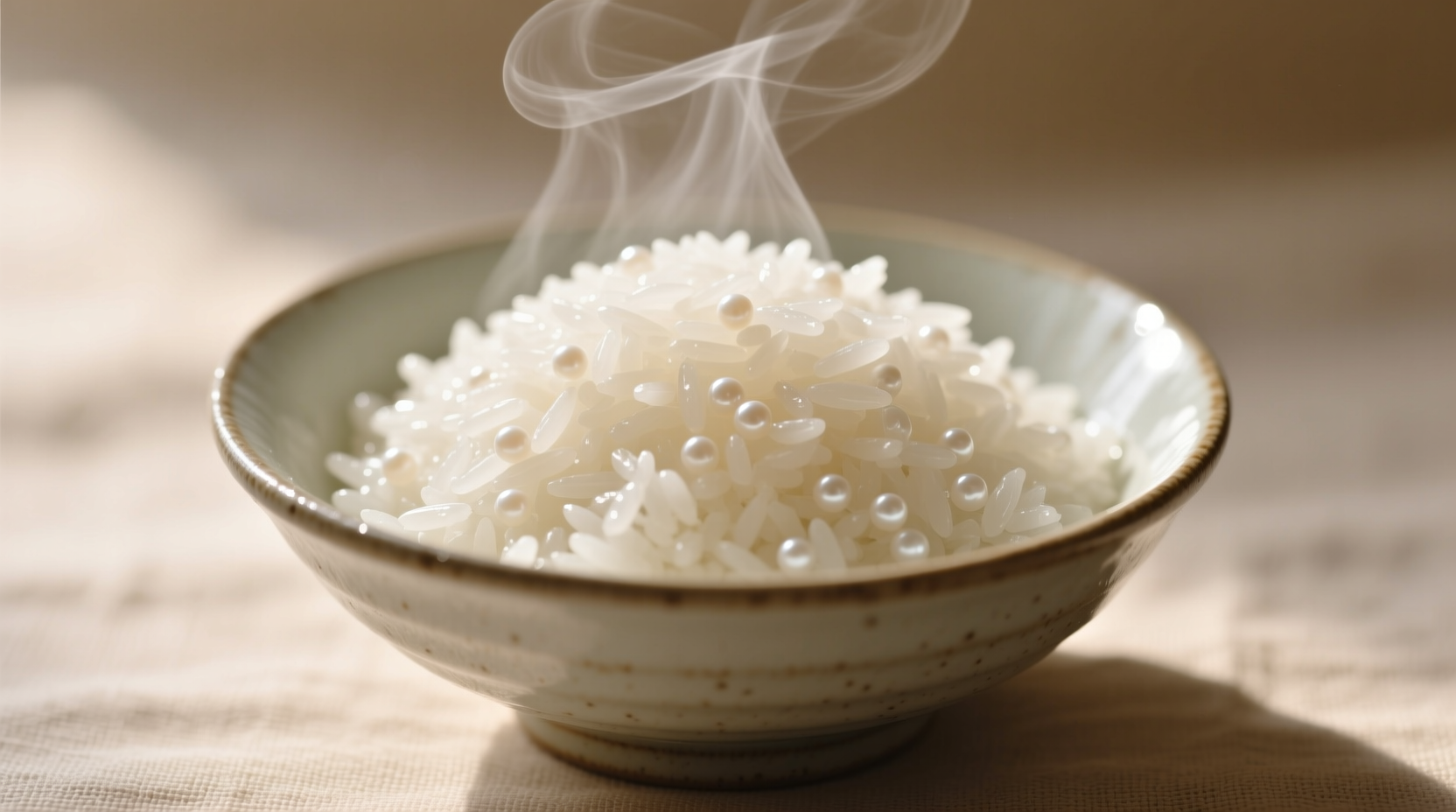 Perfectly cooked white rice in bowl with steam rising