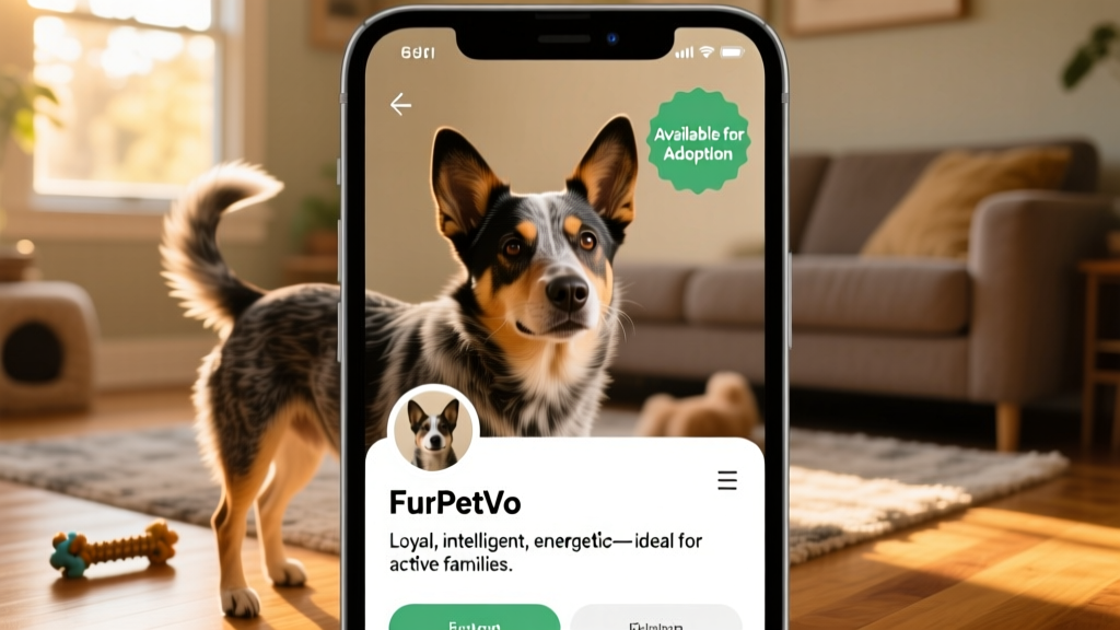 Screenshot of a FurPetVo profile page showing an Australian cattle dog's photo, bio, and 'Available for Adoption' badge