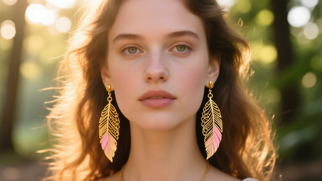 Close-up of a model wearing delicate 14k gold filigree feather drop earrings, soft golden hour lighting, bohemian chic style