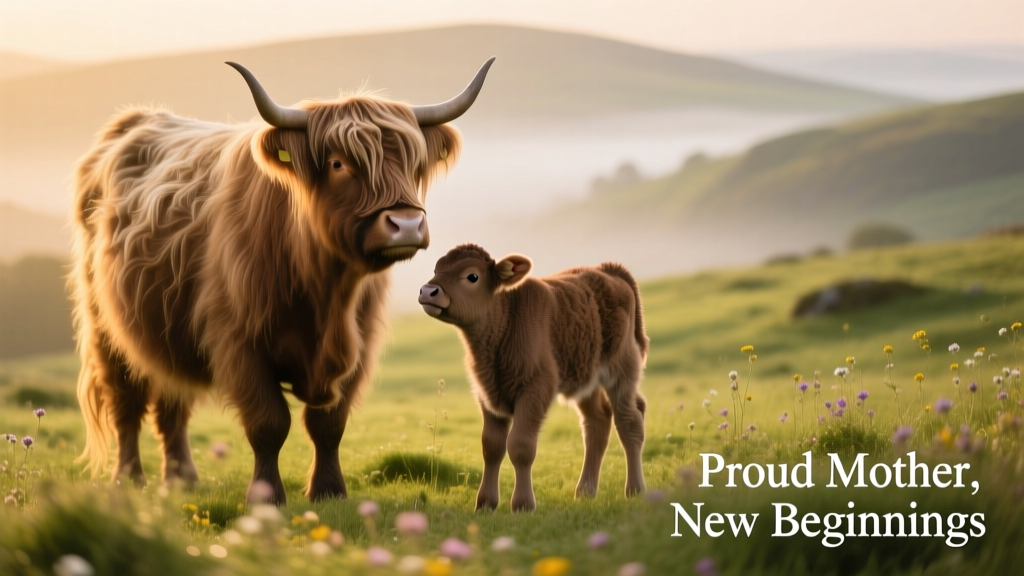 A Highland cow and her newborn calf standing side by side in a sunlit green field
