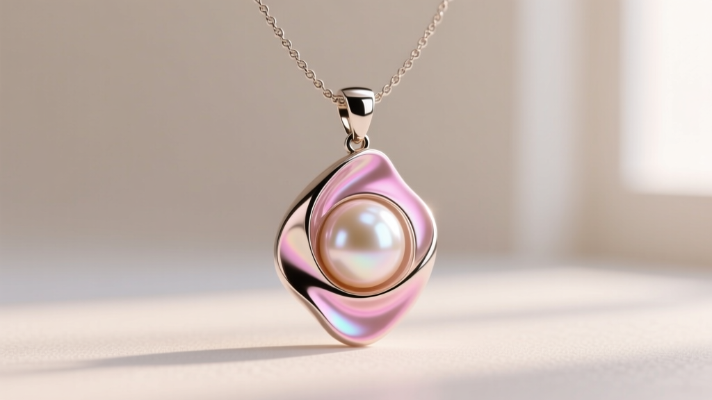 Digital CAD rendering of a liquid-metal pearl pendant necklace showing iridescent pink overtones and sharp metallic reflections