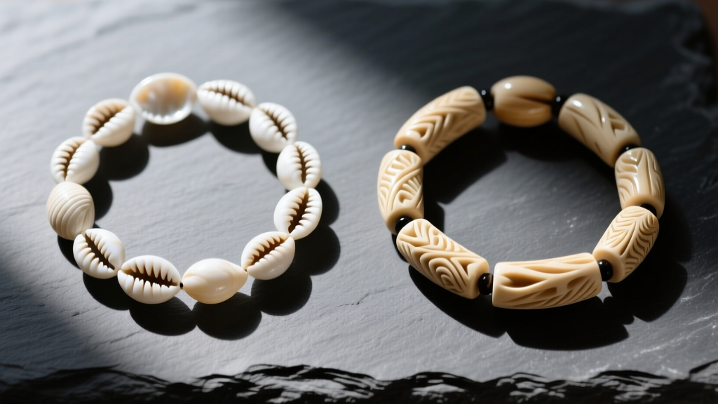 Overhead flat lay comparing authentic white puka shell beads and carved bone hawaiian beads necklace strands on dark slate