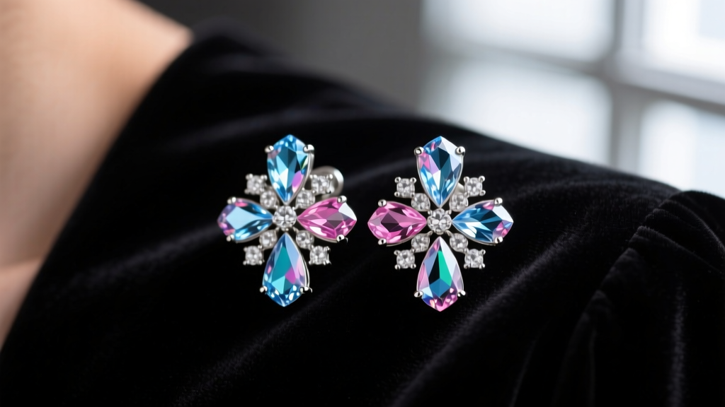 Macro shot of geometric art deco rhinestone earrings on dark velvet, highlighting faceted glass stones and silver-tone settings.