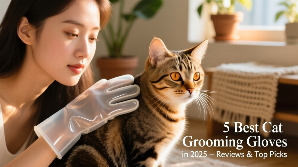 Close-up of a person gently stroking a relaxed tabby cat with a soft silicone grooming glove