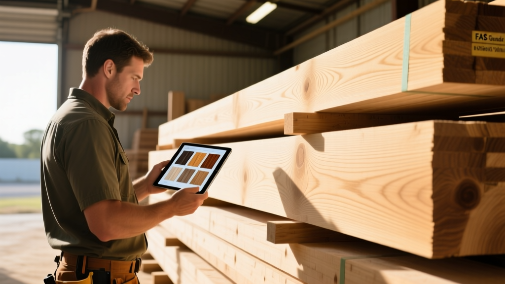Contractor comparing types of wood images on a tablet against physical FAS grade white oak lumber in a well-lit lumberyard