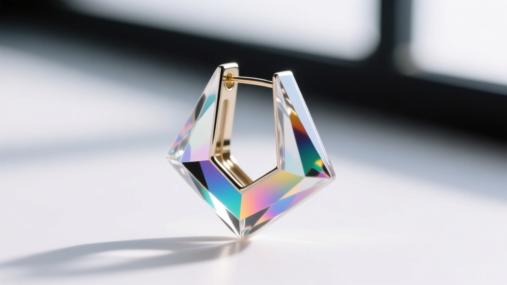 Macro shot of a shrink plastic geometric earring coated in glossy UV resin, catching light to show a smooth, bubble-free finish
