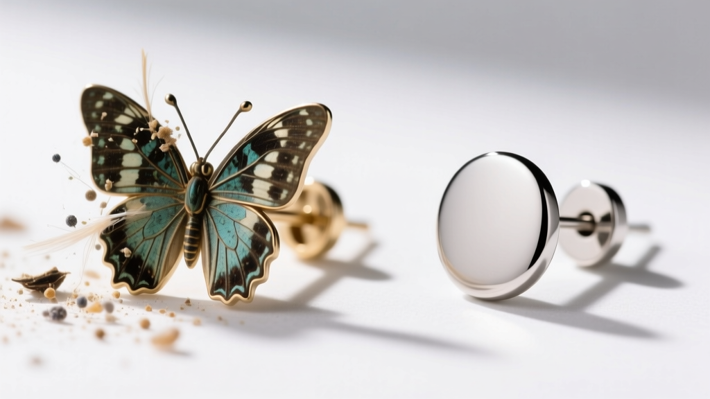 Side-by-side macro comparison of a traditional butterfly earring back trapping debris next to a clean, smooth titanium flat-back.