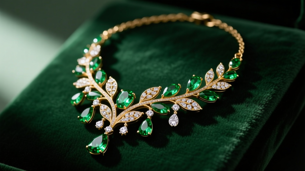 Close-up of a vintage-inspired botanical emerald and diamond necklace resting on dark green velvet, soft directional lighting.