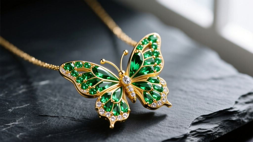 Macro shot of a green butterfly necklace pendant with tsavorite garnet pavé wings in 18k yellow gold, resting on dark slate.
