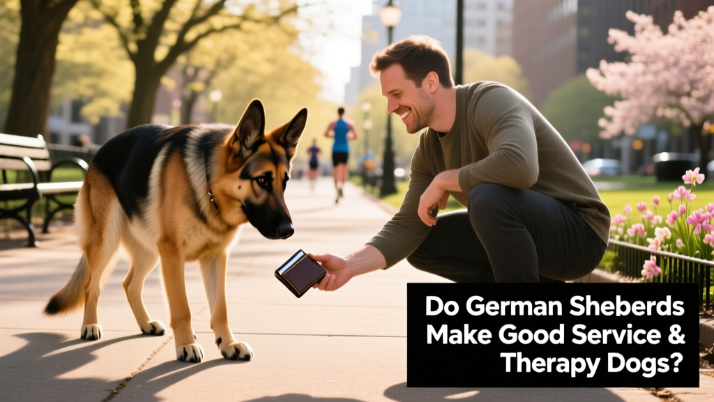A German Shepherd assisting its handler by retrieving a dropped item and maintaining steady eye contact during a public outing