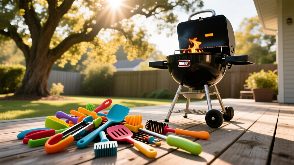 Backyard patio with a messy pile of novelty BBQ tools next to a Weber kettle grill, sunlight filtering through oak trees