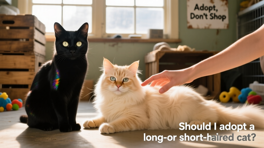 Two shelter cats side-by-side—one sleek black domestic shorthair, one fluffy cream domestic longhair—both calm and engaged with a gentle hand