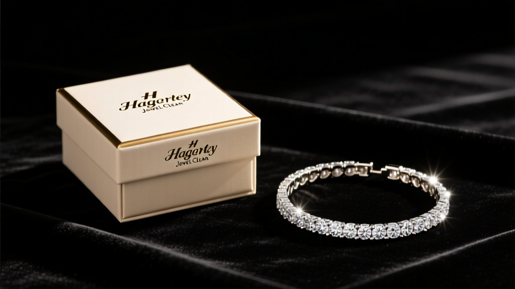 Gift box showing Hagerty Jewel Clean on black velvet next to a sparkling diamond tennis bracelet under warm studio lighting.