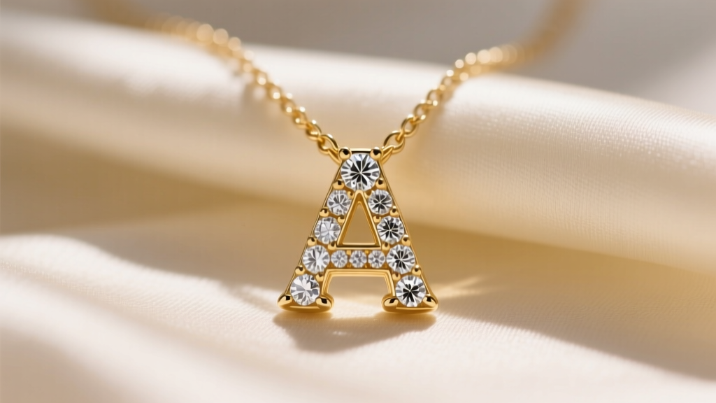 Close-up of a 14k solid gold Ashley necklace with a diamond-encrusted letter A pendant resting on a cream silk fabric background.