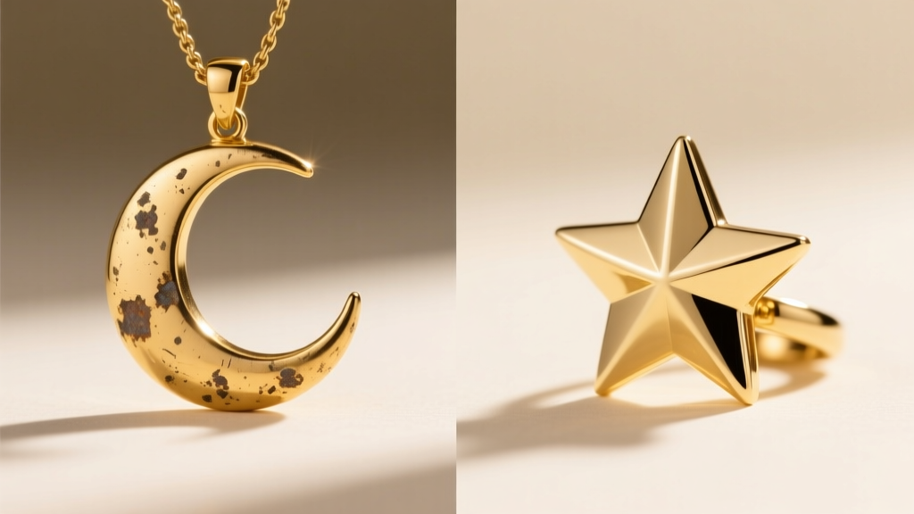 Split view of a tarnished gold-plated moon pendant next to a pristine solid 14k gold star charm under bright studio lighting.